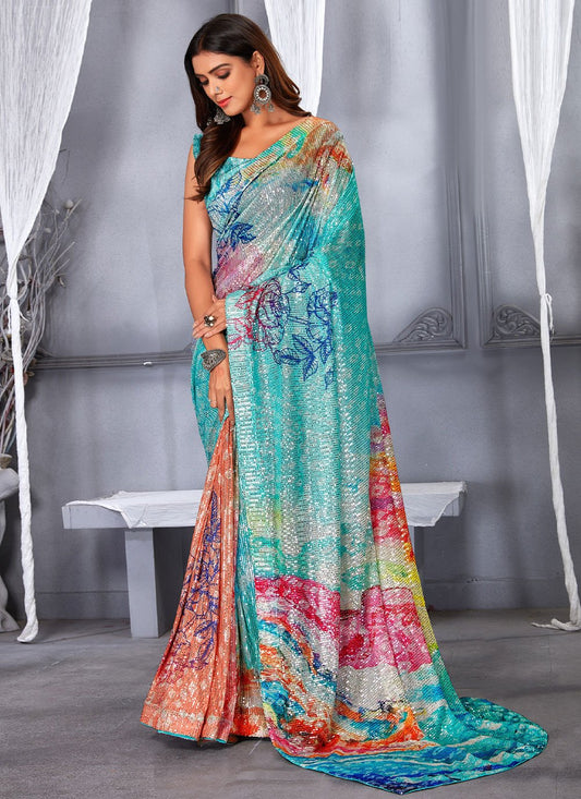 Classic Net Multi Colour Digital Print Saree