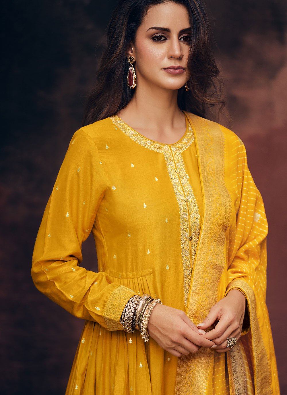 Churidar Suit Muslin Yellow Embroidered Salwar Kameez