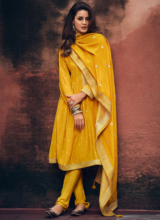 Churidar Suit Muslin Yellow Embroidered Salwar Kameez