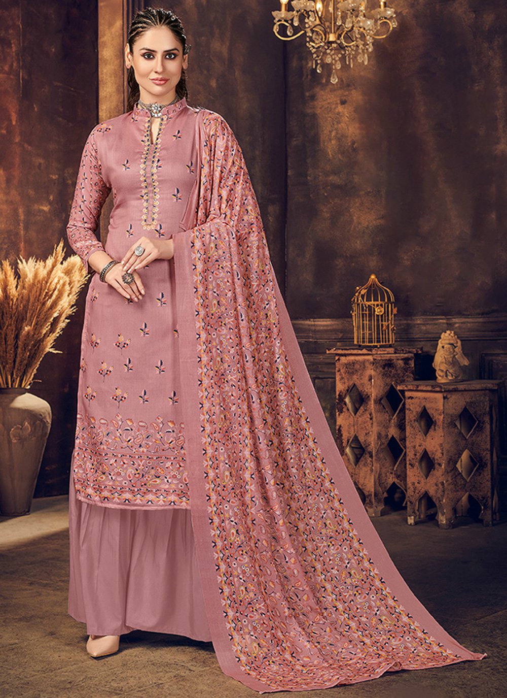 Floor Lenght Salwar Suit Cotton Muslin Mauve Digital Print Salwar Kameez