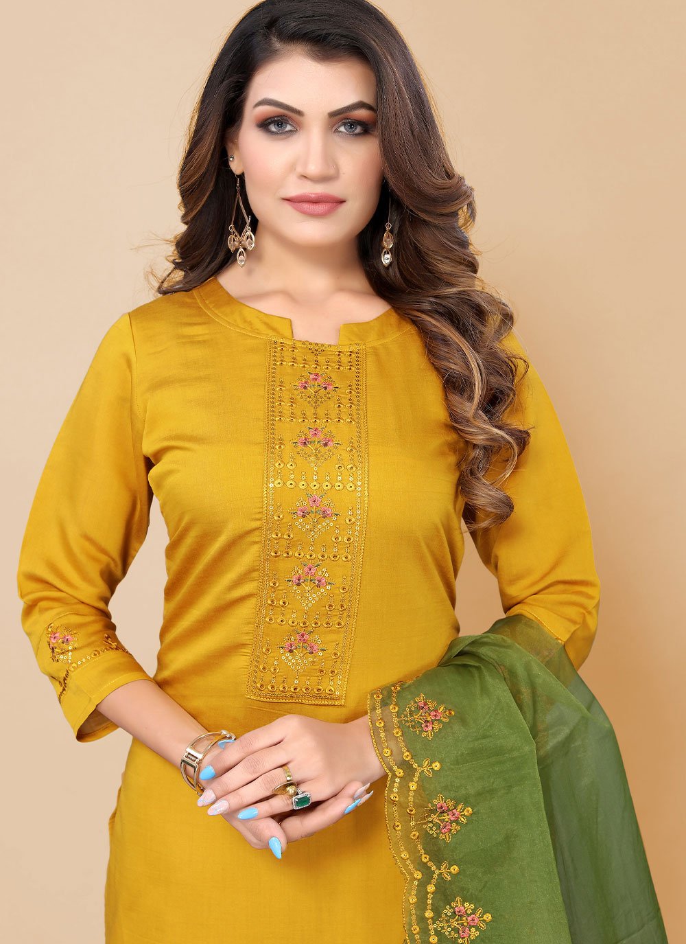 Salwar Suit Chinon Mustard Embroidered Salwar Kameez