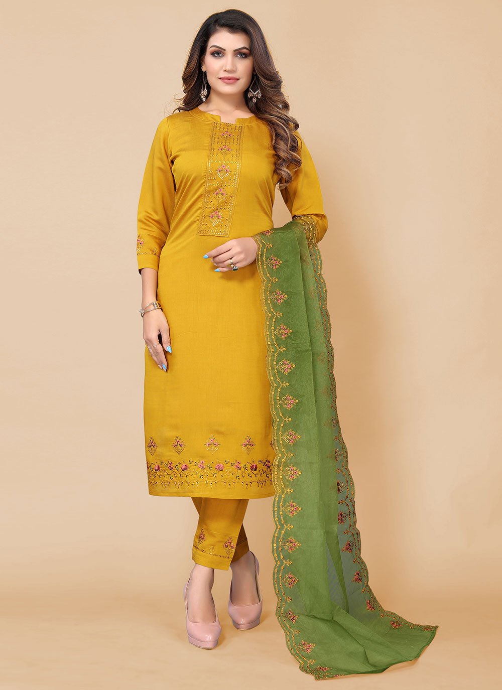 Salwar Suit Chinon Mustard Embroidered Salwar Kameez