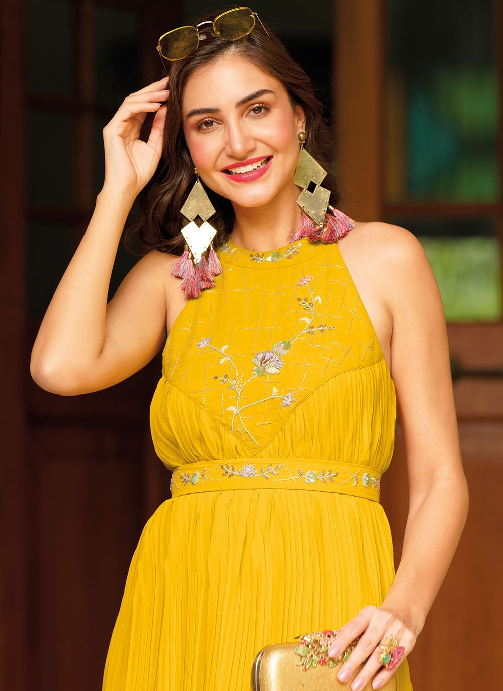 Gown Georgette Mustard Embroidered Gown