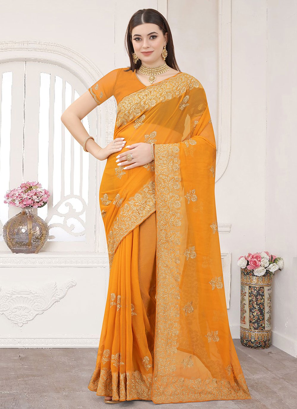 Trendy Saree Silk Mustard Embroidered Saree