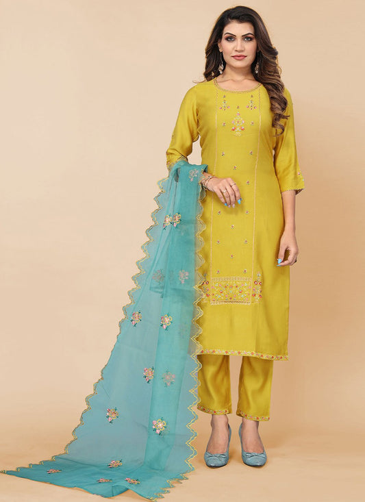 Salwar Suit Poly Rayon Mustard Embroidered Salwar Kameez