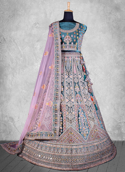 A Line Lehenga Velvet Blue Embroidered Lehenga Choli