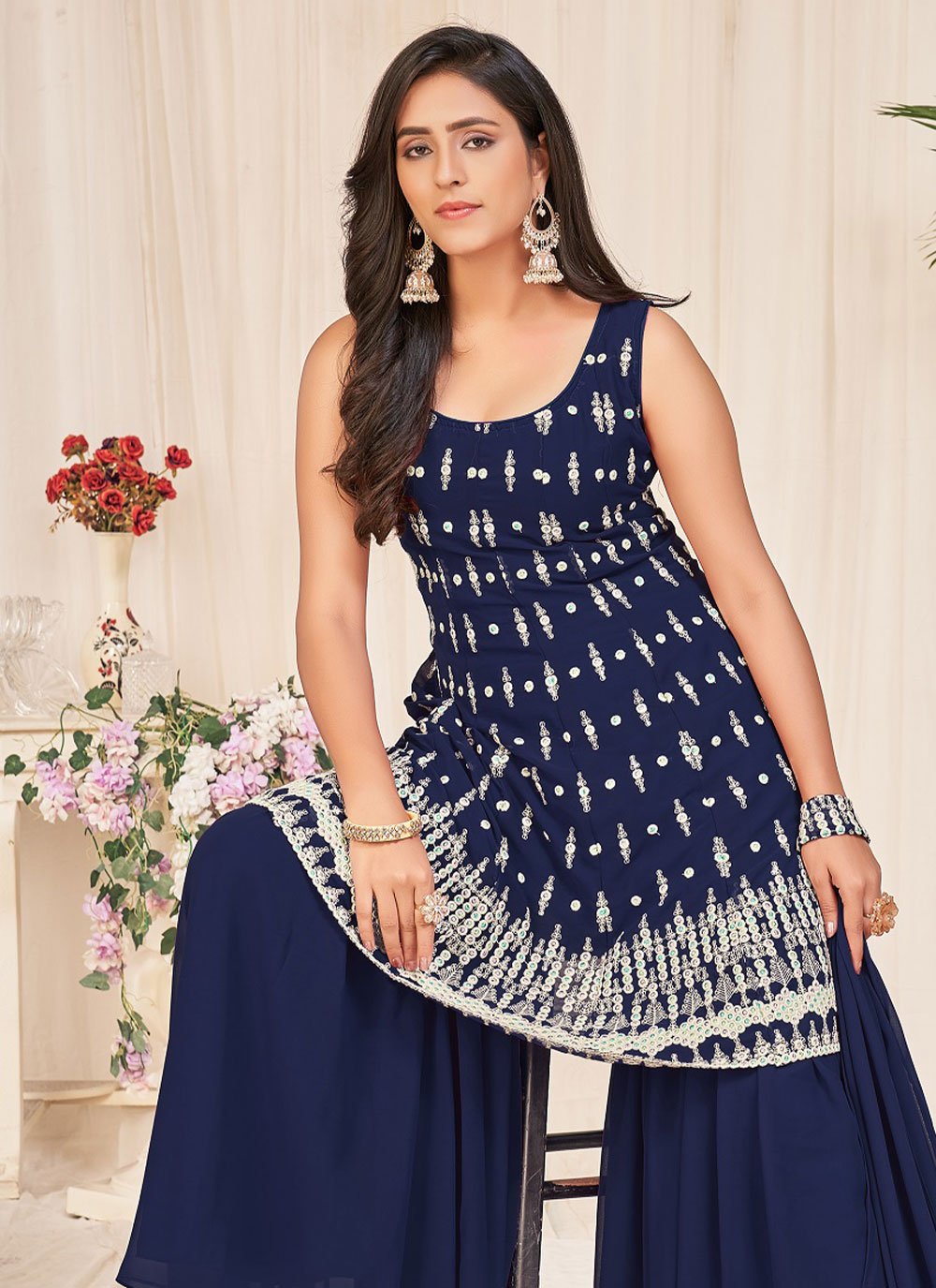 Salwar Suit Georgette Blue Embroidered Salwar Kameez