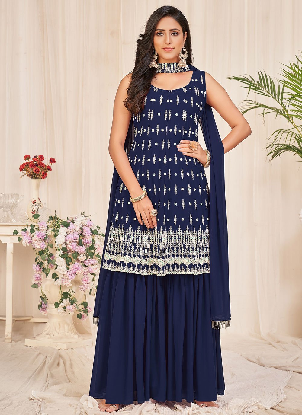 Salwar Suit Georgette Blue Embroidered Salwar Kameez