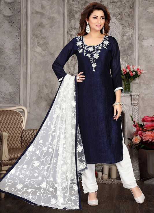 Salwar Suit Silk Blue Embroidered Salwar Kameez