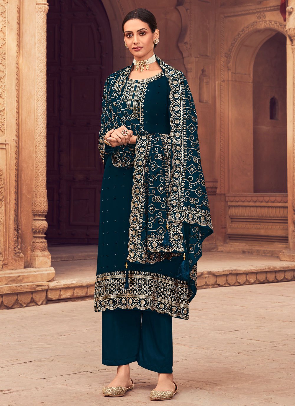 Salwar Suit Georgette Blue Embroidered Salwar Kameez