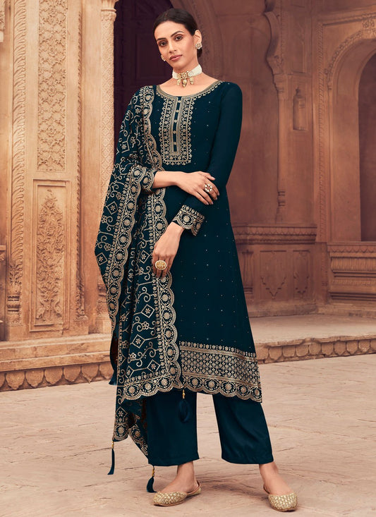 Salwar Suit Georgette Blue Embroidered Salwar Kameez