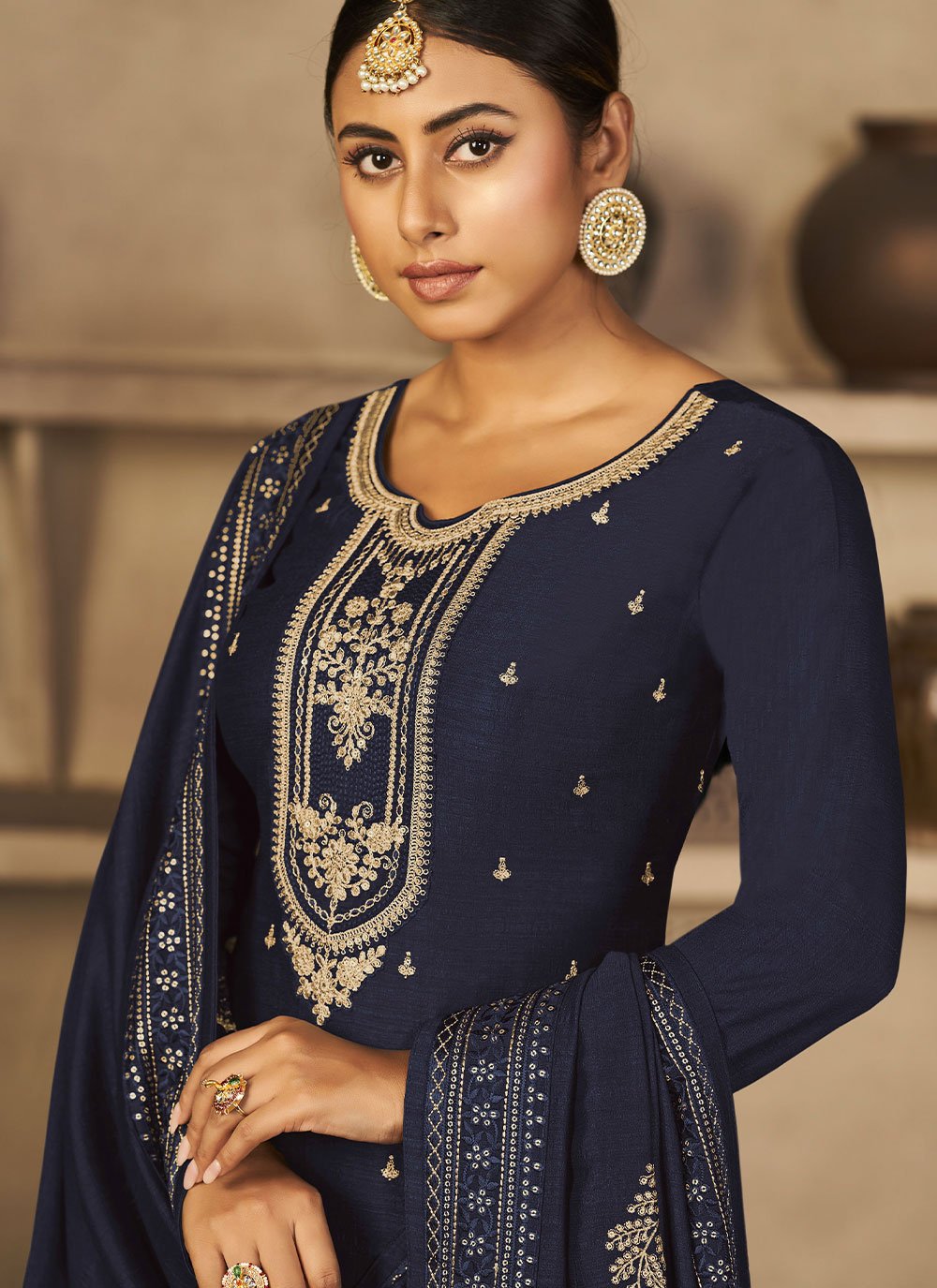 Straight Salwar Suit Vichitra Silk Blue Diamond Salwar Kameez