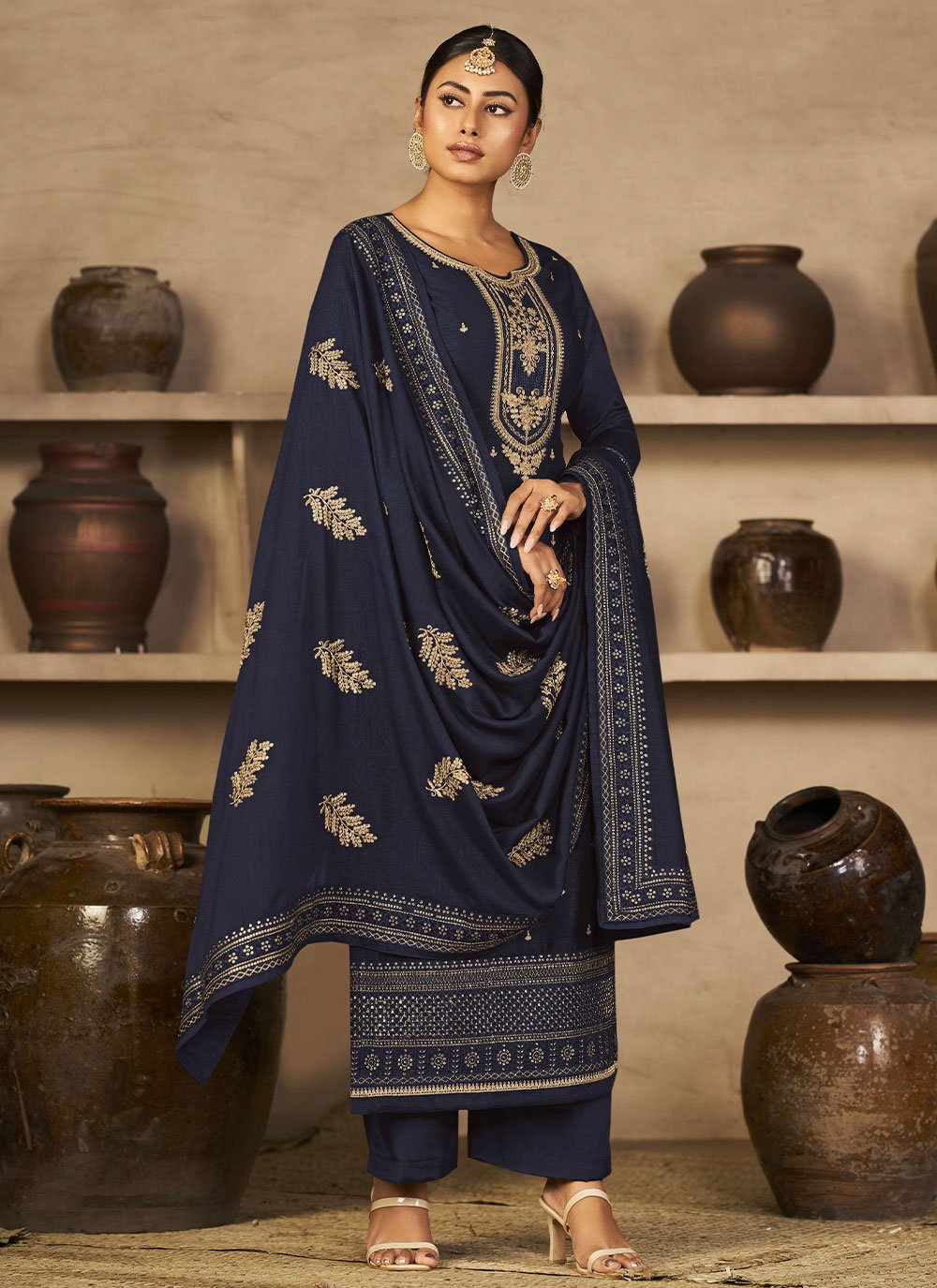 Straight Salwar Suit Vichitra Silk Blue Diamond Salwar Kameez