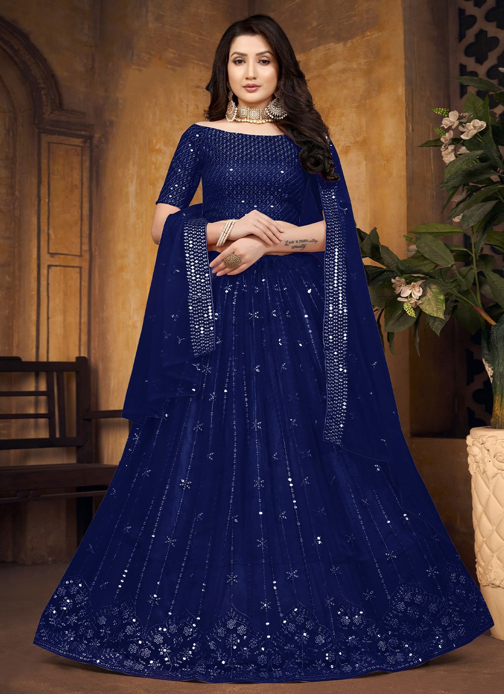 Lehenga Choli Net Blue Embroidered Lehenga Choli