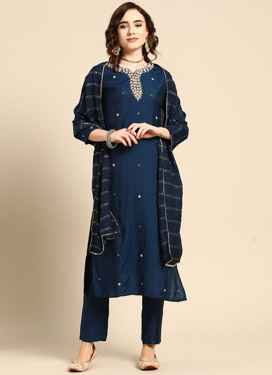 Salwar Suit Muslin Blue Embroidered Salwar Kameez