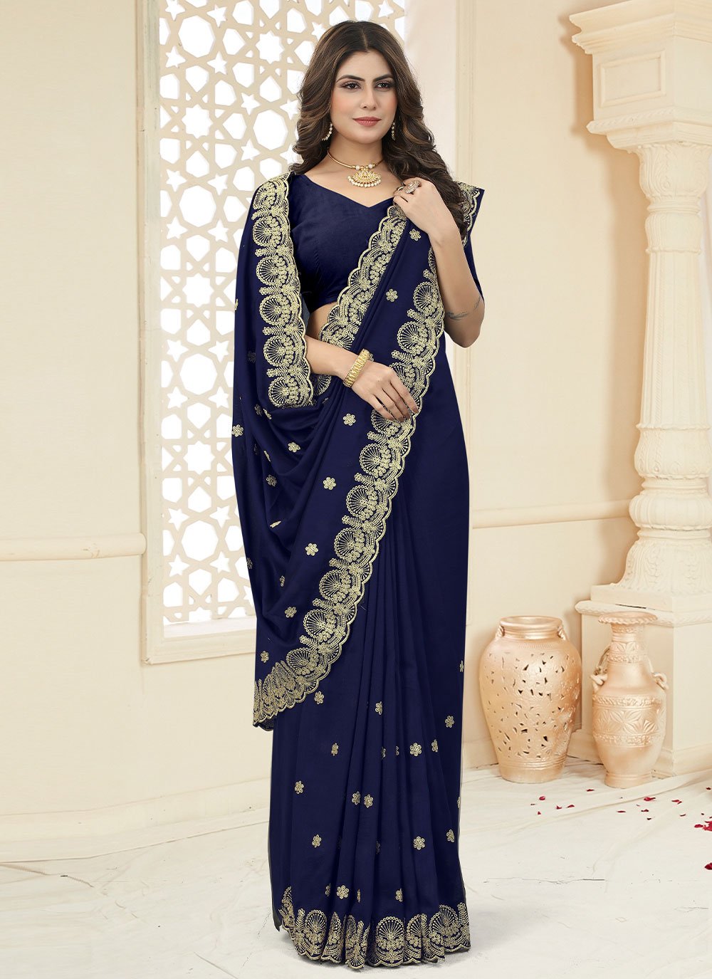 Trendy Saree Vichitra Silk Blue Cut Work Saree