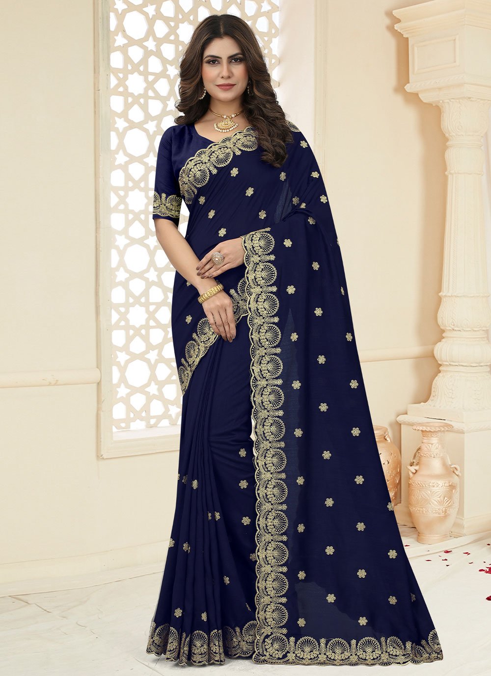 Trendy Saree Vichitra Silk Blue Cut Work Saree