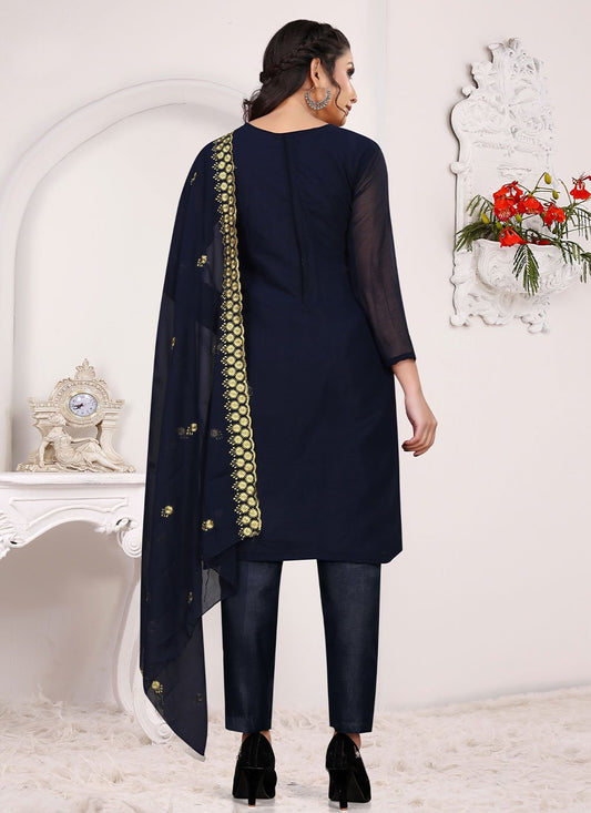 Straight Salwar Suit Faux Georgette Blue Embroidered Salwar Kameez