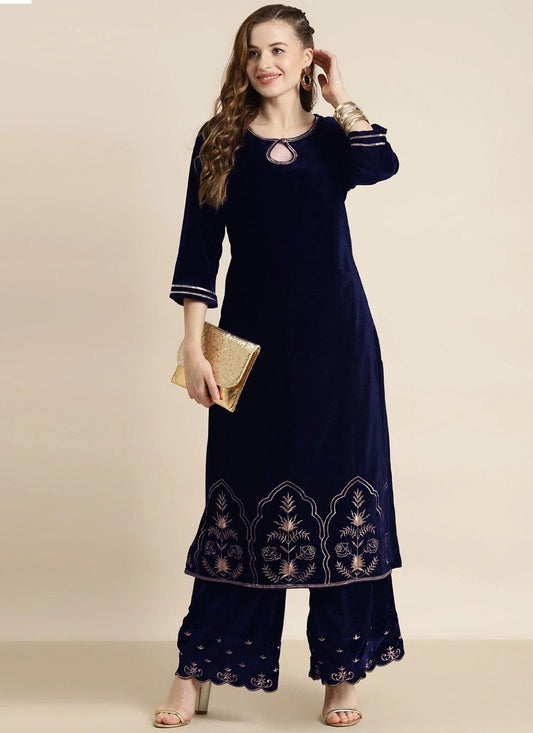 Casual Kurti Velvet Blue Embroidered Kurtis