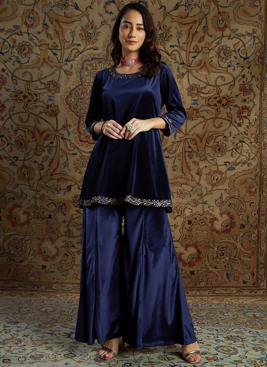 Designer Kurti Velvet Blue Embroidered Kurtis