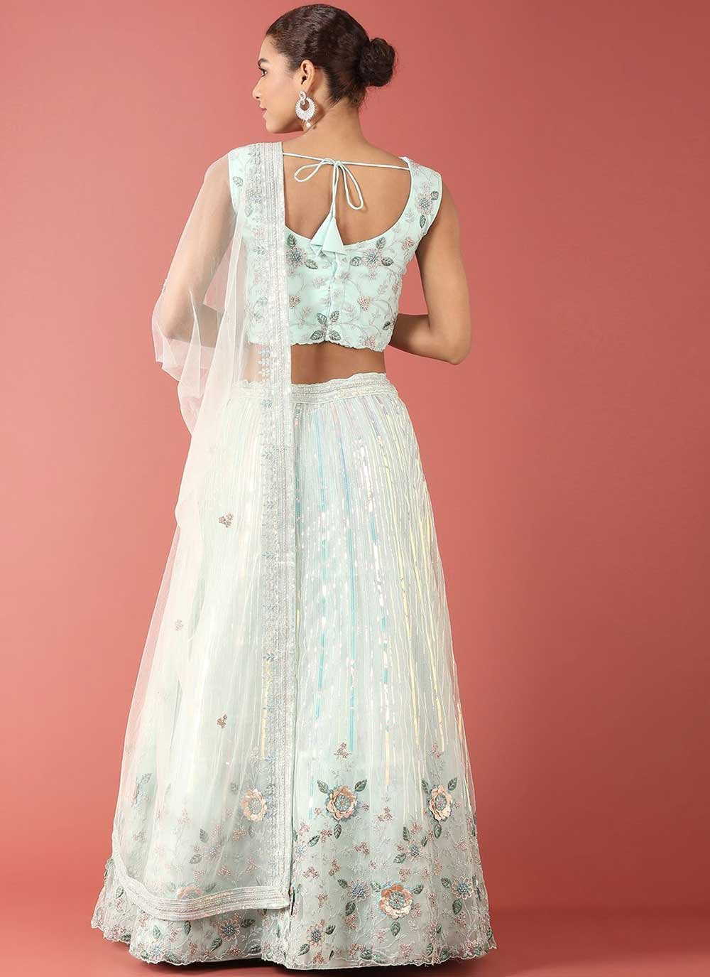 A Line Lehenga Net Aqua Blue Embroidered Lehenga Choli