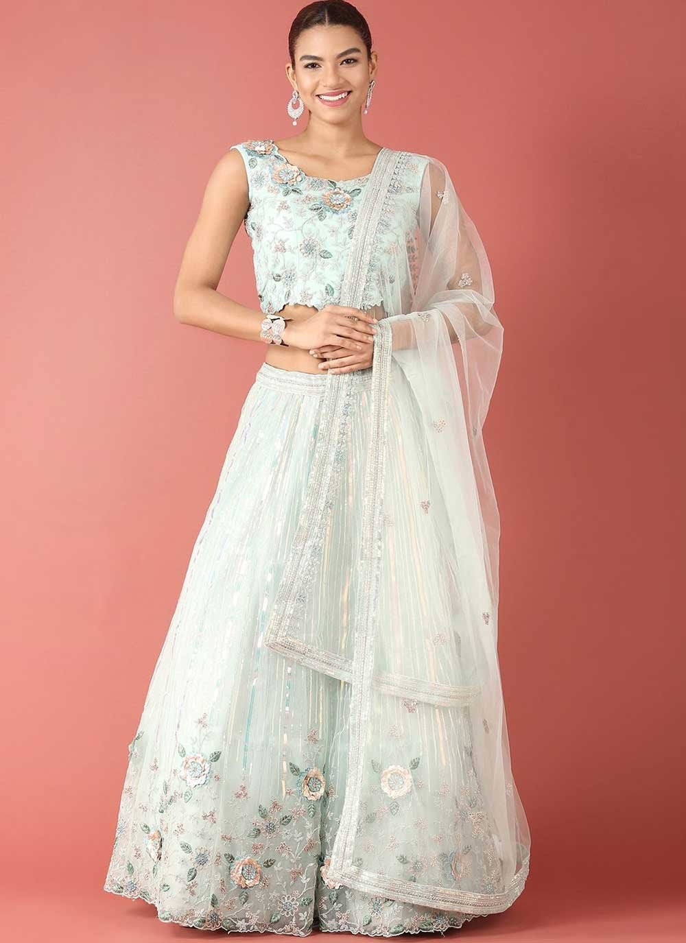 A Line Lehenga Net Aqua Blue Embroidered Lehenga Choli