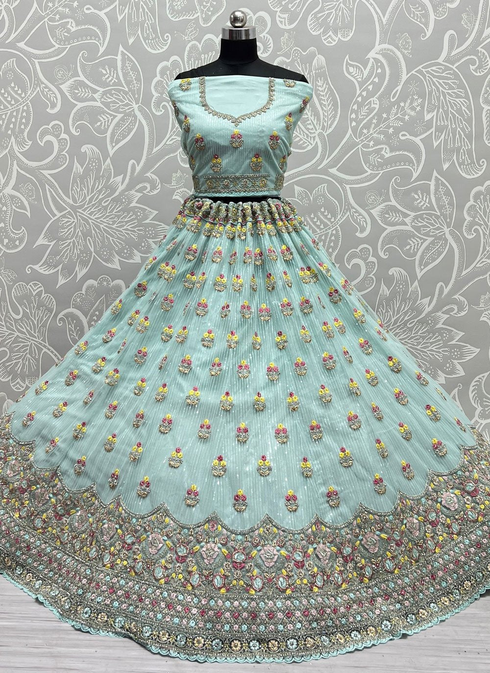 A Line Lehenga Net Aqua Blue Dori Work Lehenga Choli