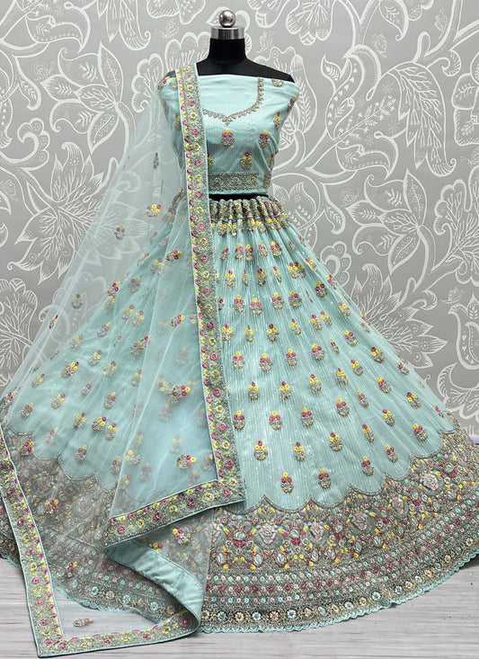 A Line Lehenga Net Aqua Blue Dori Work Lehenga Choli