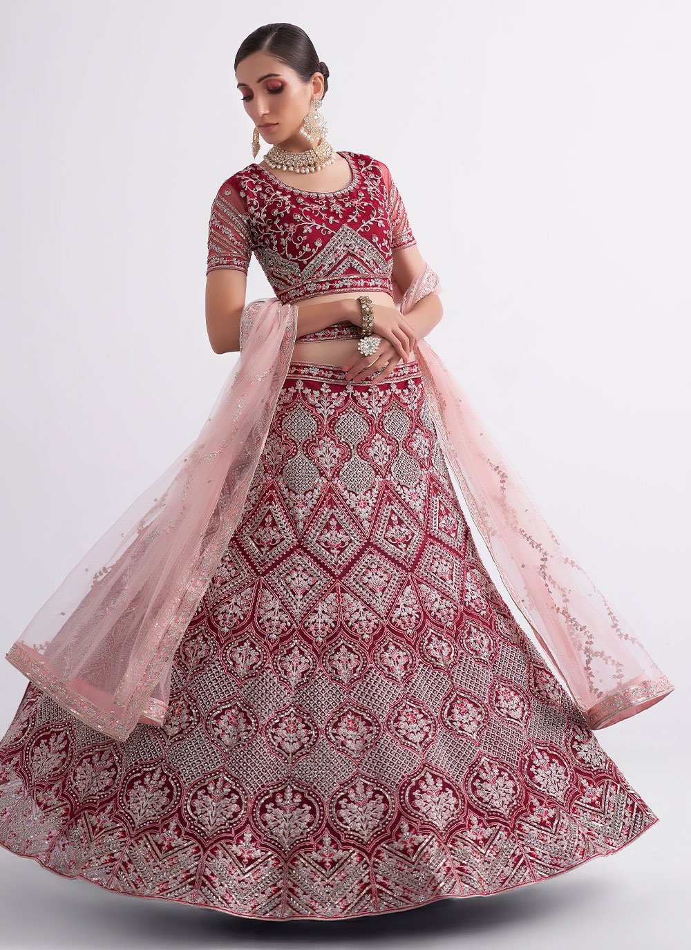 A Line Lehenga Net Red Embroidered Lehenga Choli