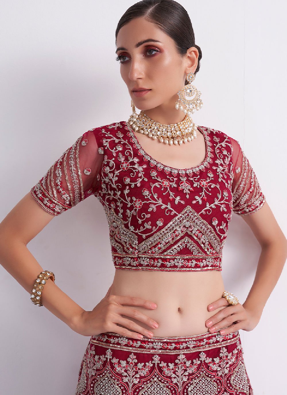 A Line Lehenga Net Red Embroidered Lehenga Choli