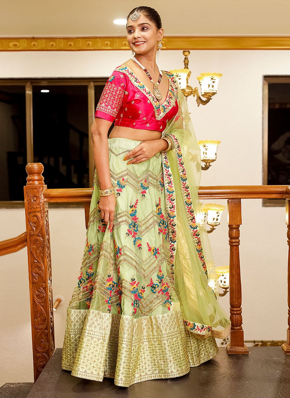 A Line Lehenga Net Green Diamond Lehenga Choli