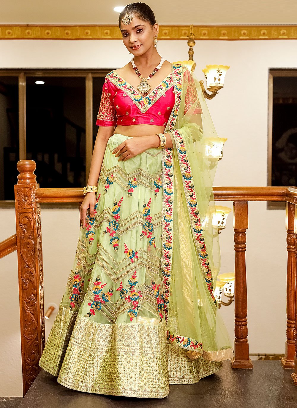 A Line Lehenga Net Green Diamond Lehenga Choli