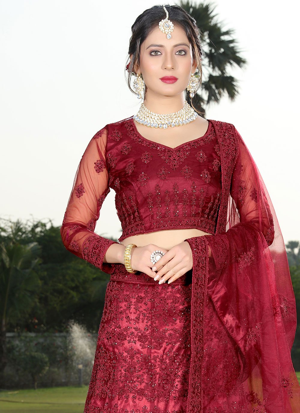 A Line Lehenga Net Maroon Embroidered Lehenga Choli