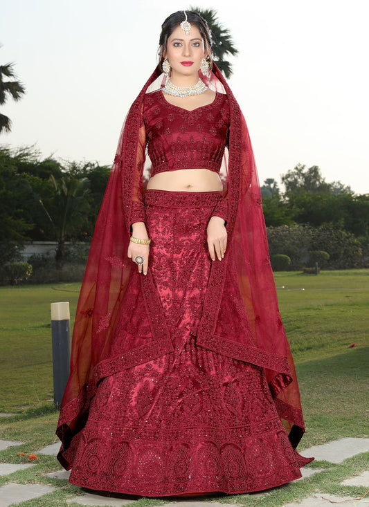 A Line Lehenga Net Maroon Embroidered Lehenga Choli