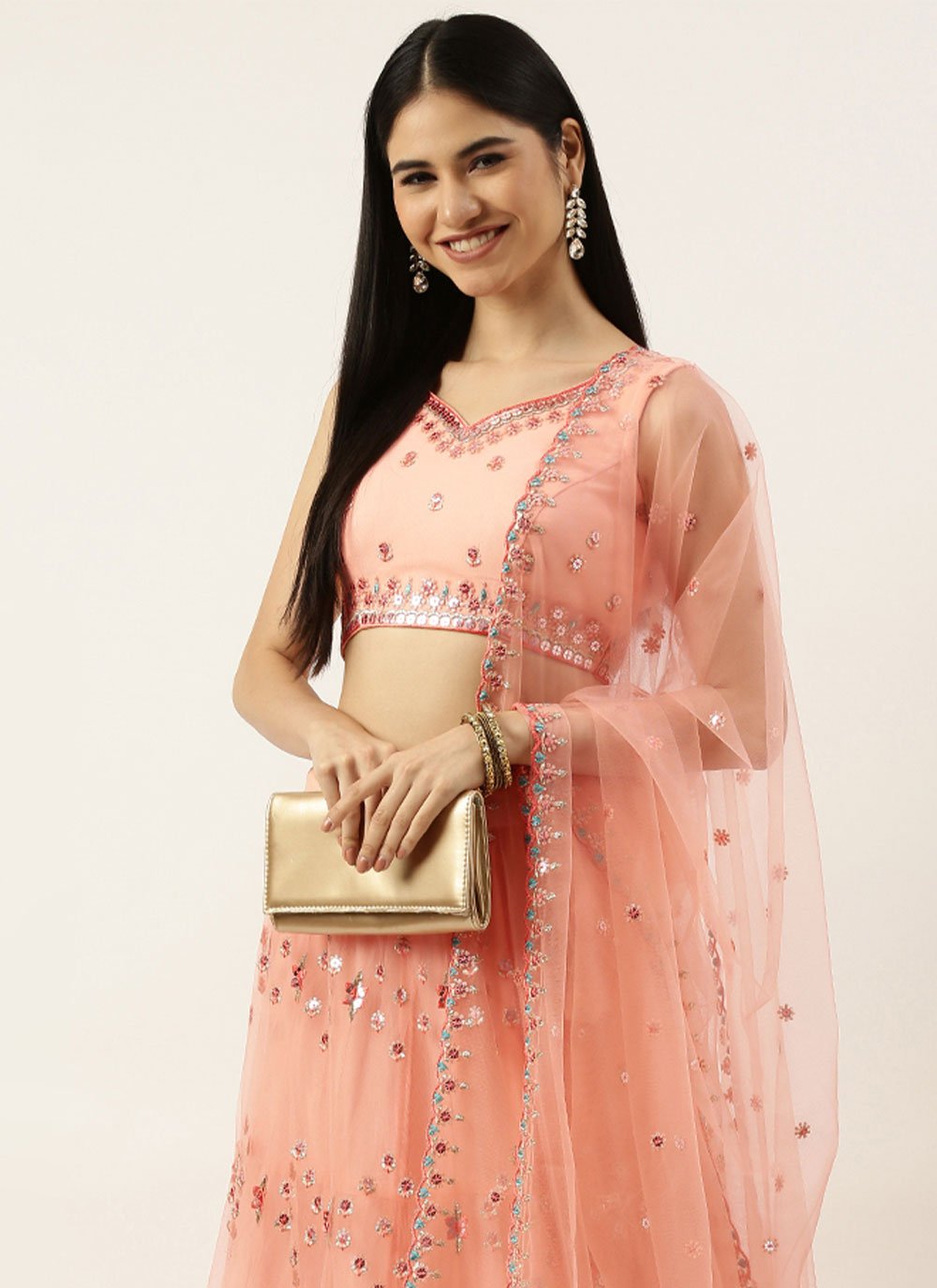 A Line Lehenga Net Peach Embroidered Lehenga Choli