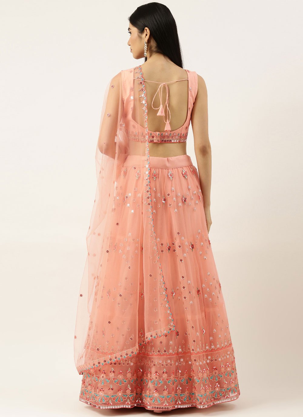 A Line Lehenga Net Peach Embroidered Lehenga Choli