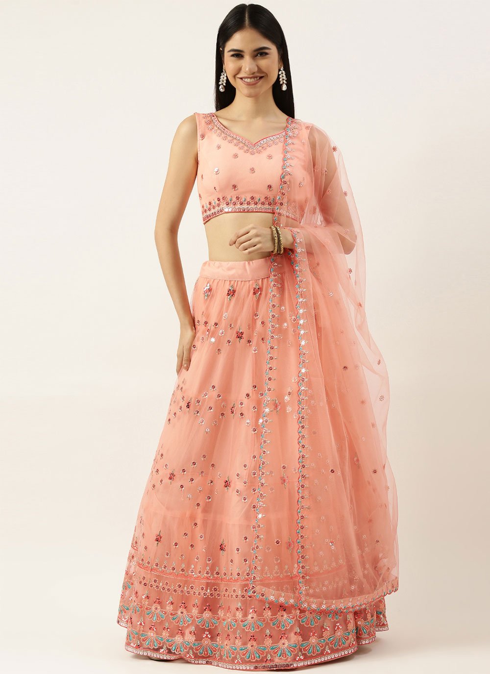 A Line Lehenga Net Peach Embroidered Lehenga Choli