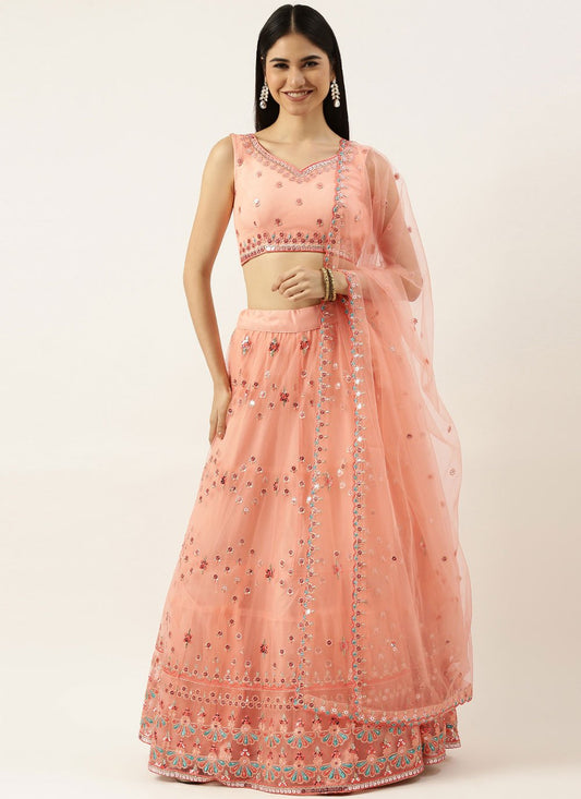 A Line Lehenga Net Peach Embroidered Lehenga Choli