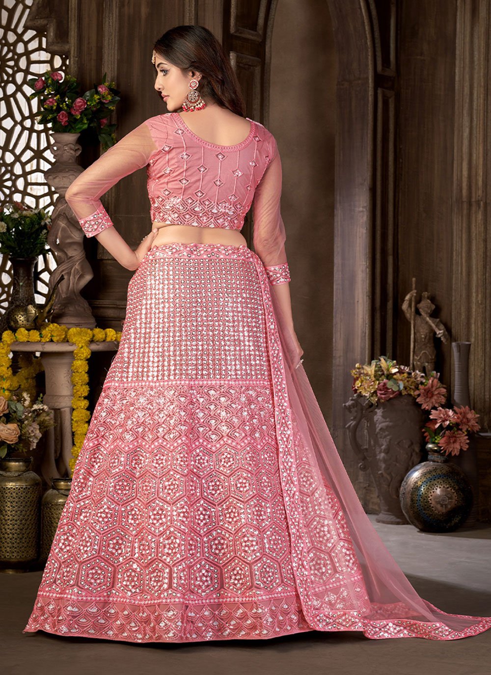 A Line Lehenga Net Pink Embroidered Lehenga Choli