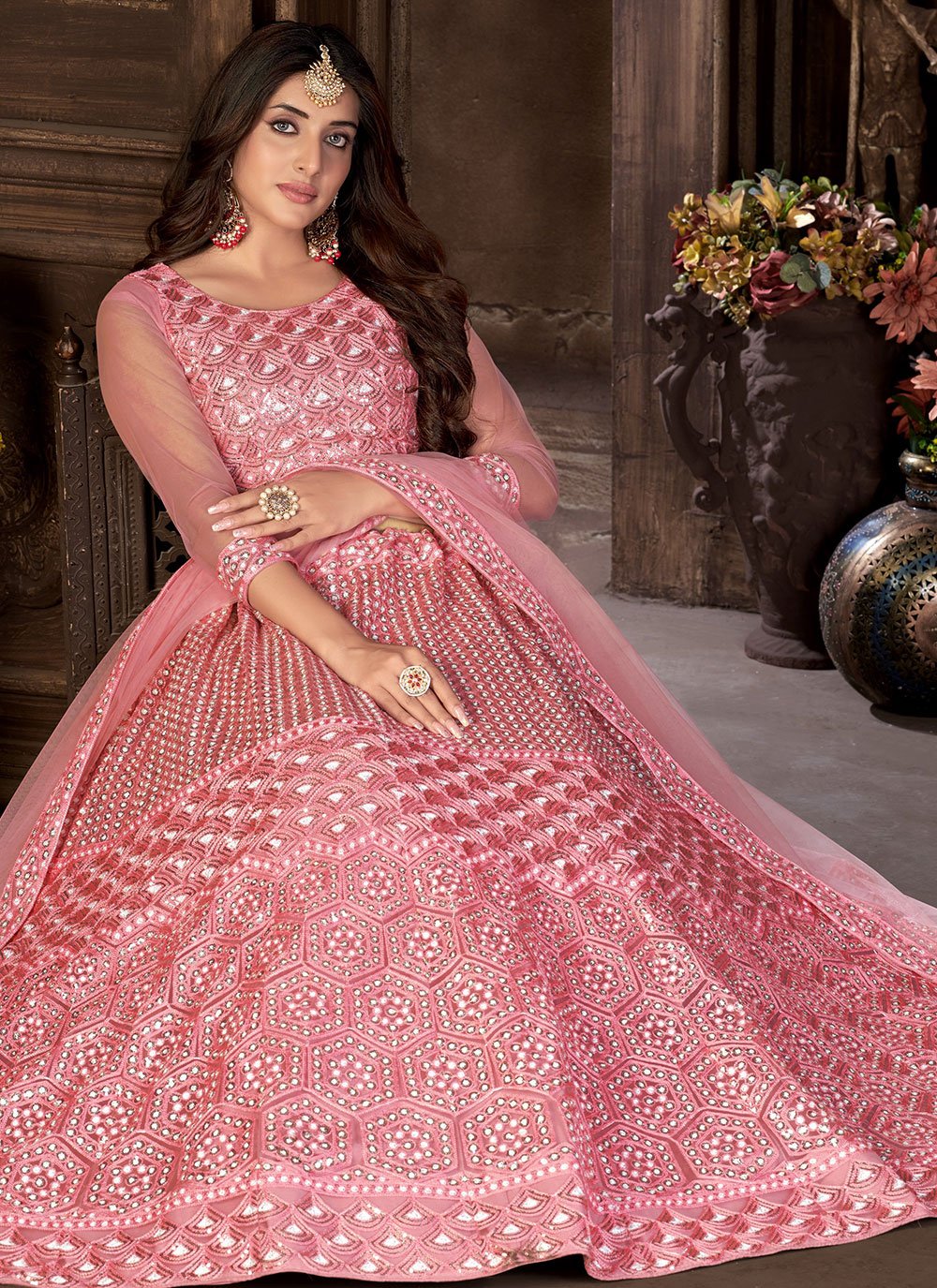 A Line Lehenga Net Pink Embroidered Lehenga Choli