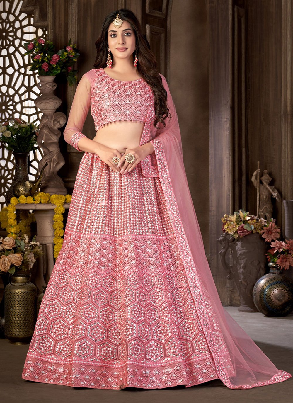 A Line Lehenga Net Pink Embroidered Lehenga Choli