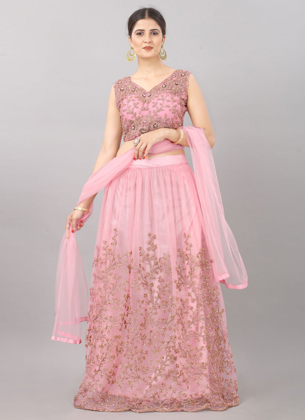 A Line Lehenga Net Pink Embroidered Lehenga Choli