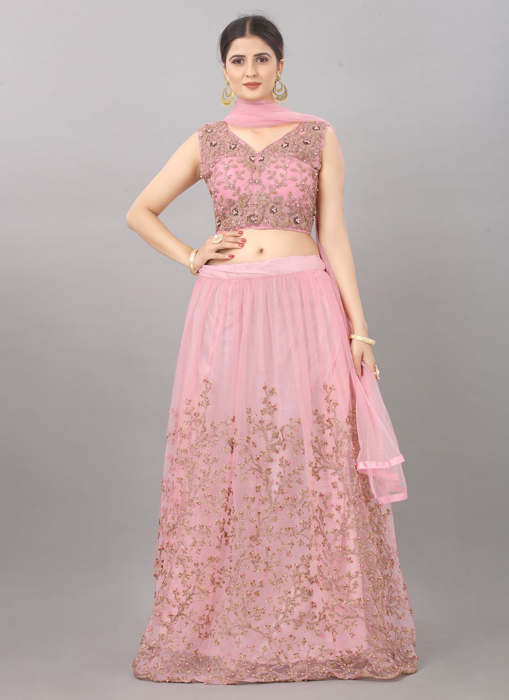 A Line Lehenga Net Pink Embroidered Lehenga Choli