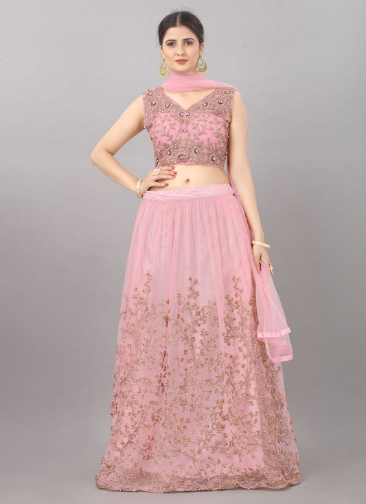 A Line Lehenga Net Pink Embroidered Lehenga Choli