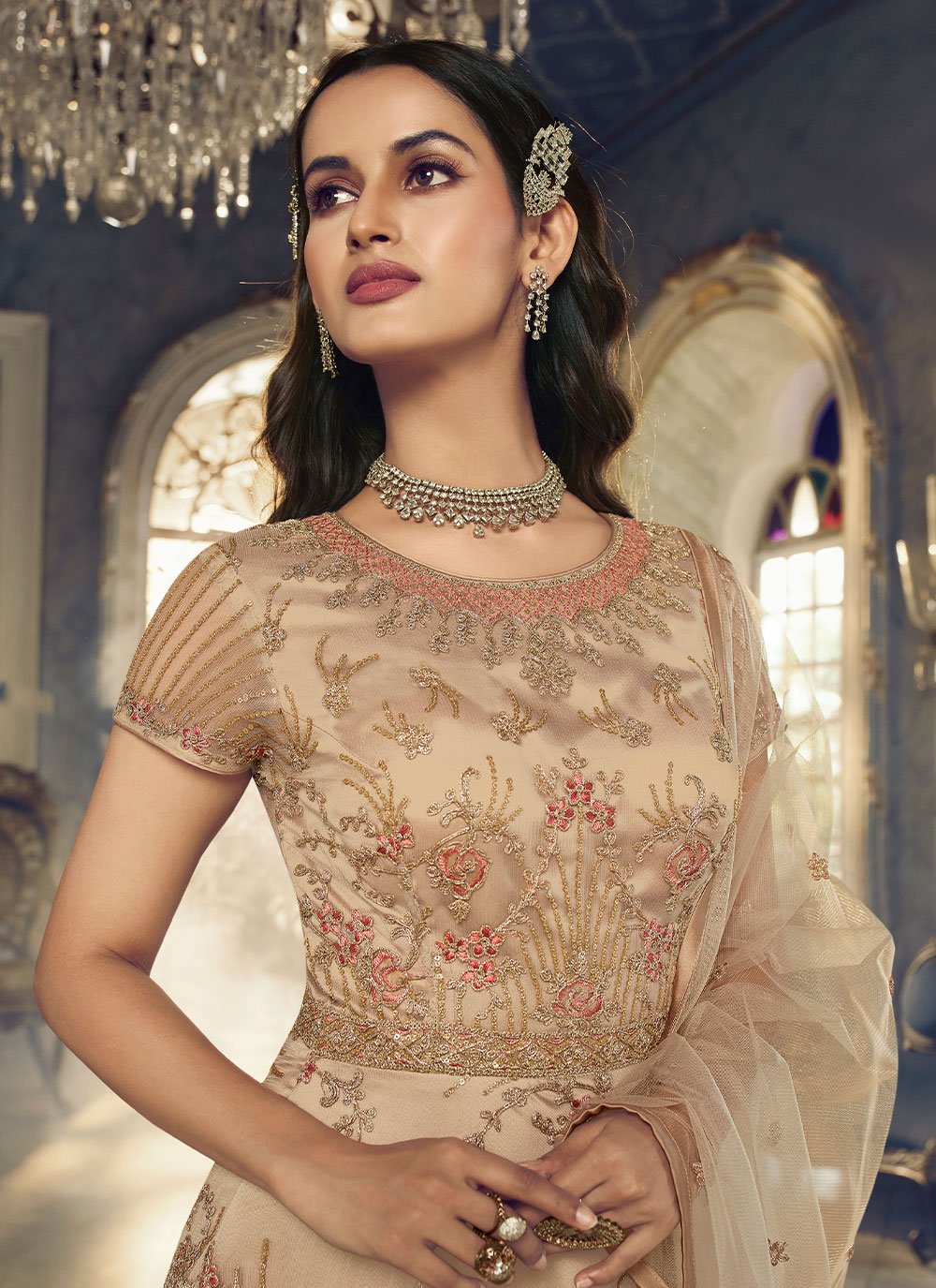 Anarkali Suit Net Beige Embroidered Salwar Kameez