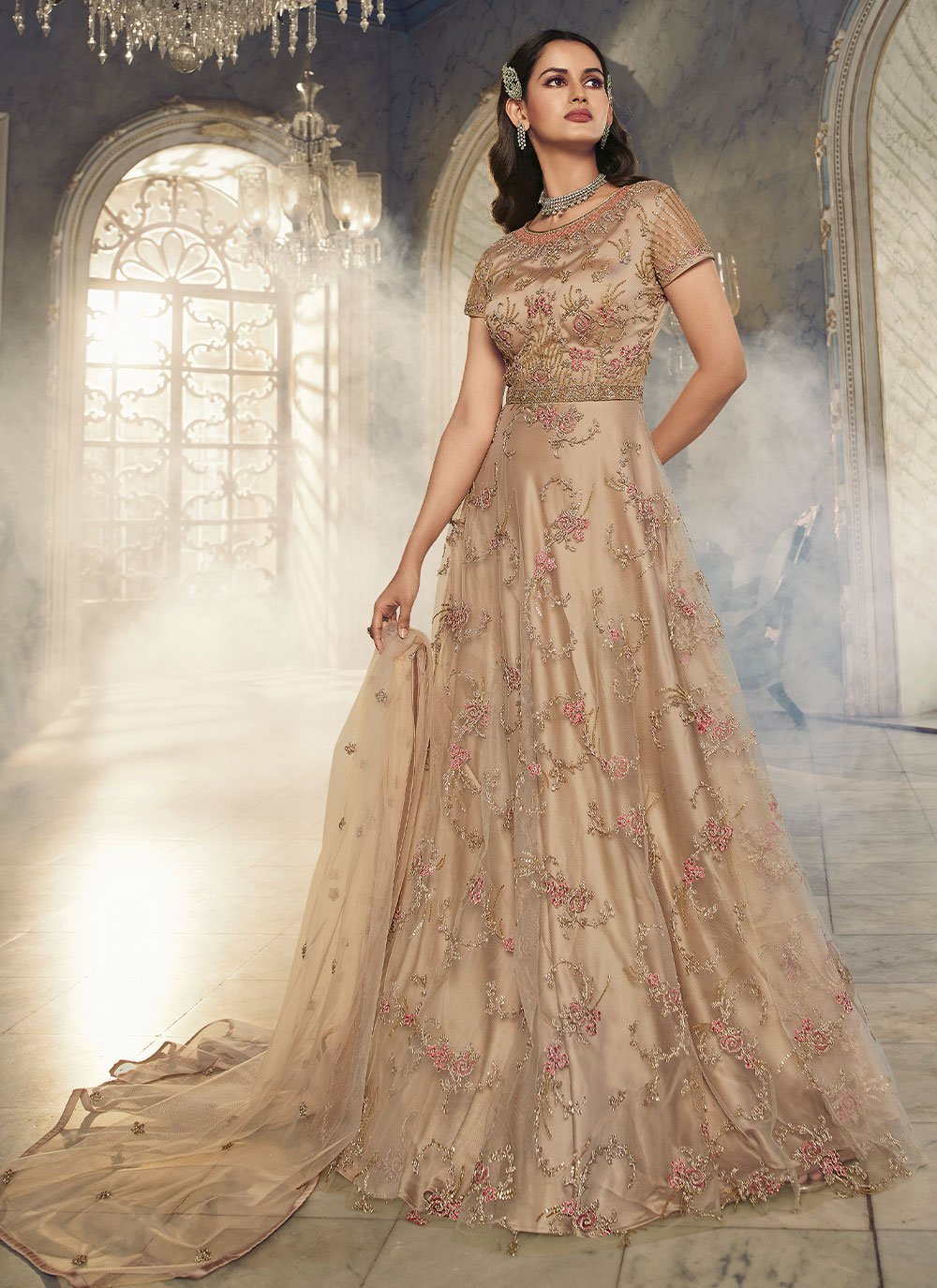 Anarkali Suit Net Beige Embroidered Salwar Kameez