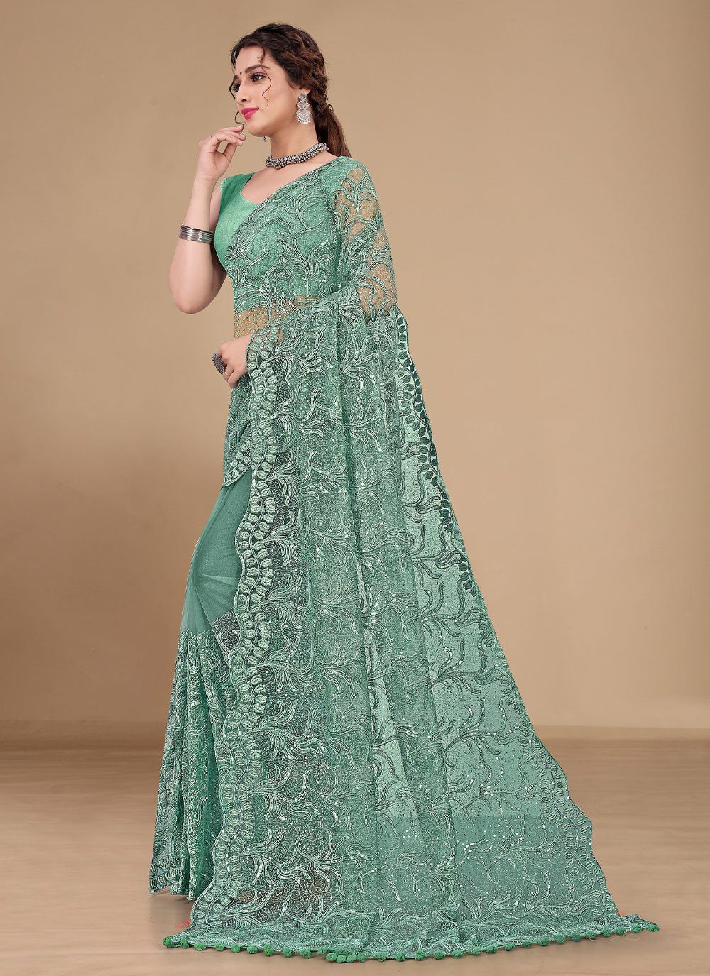 Classic Net Green Embroidered Saree