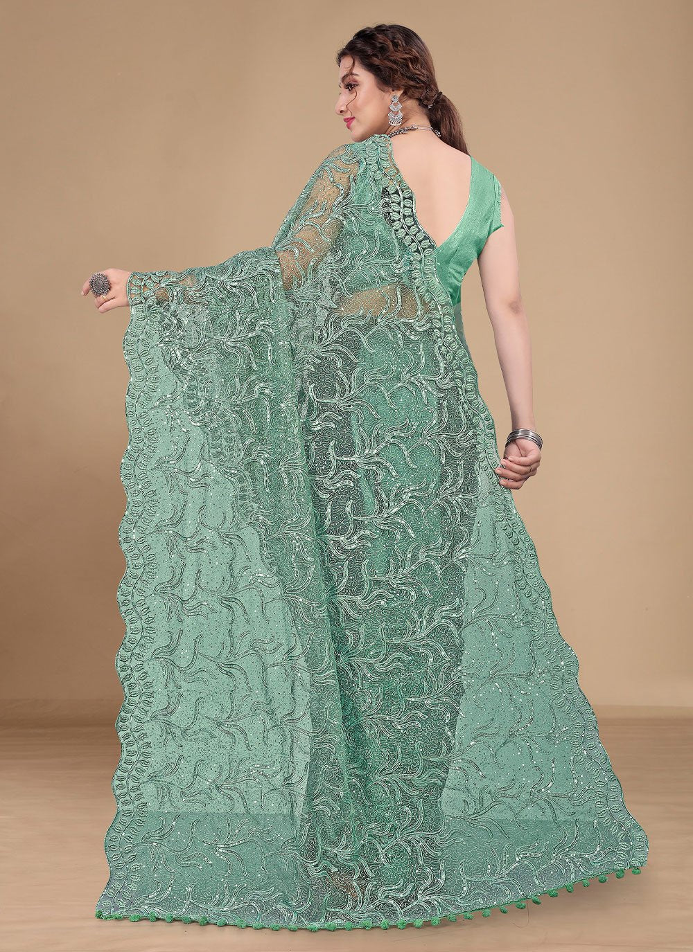 Classic Net Green Embroidered Saree