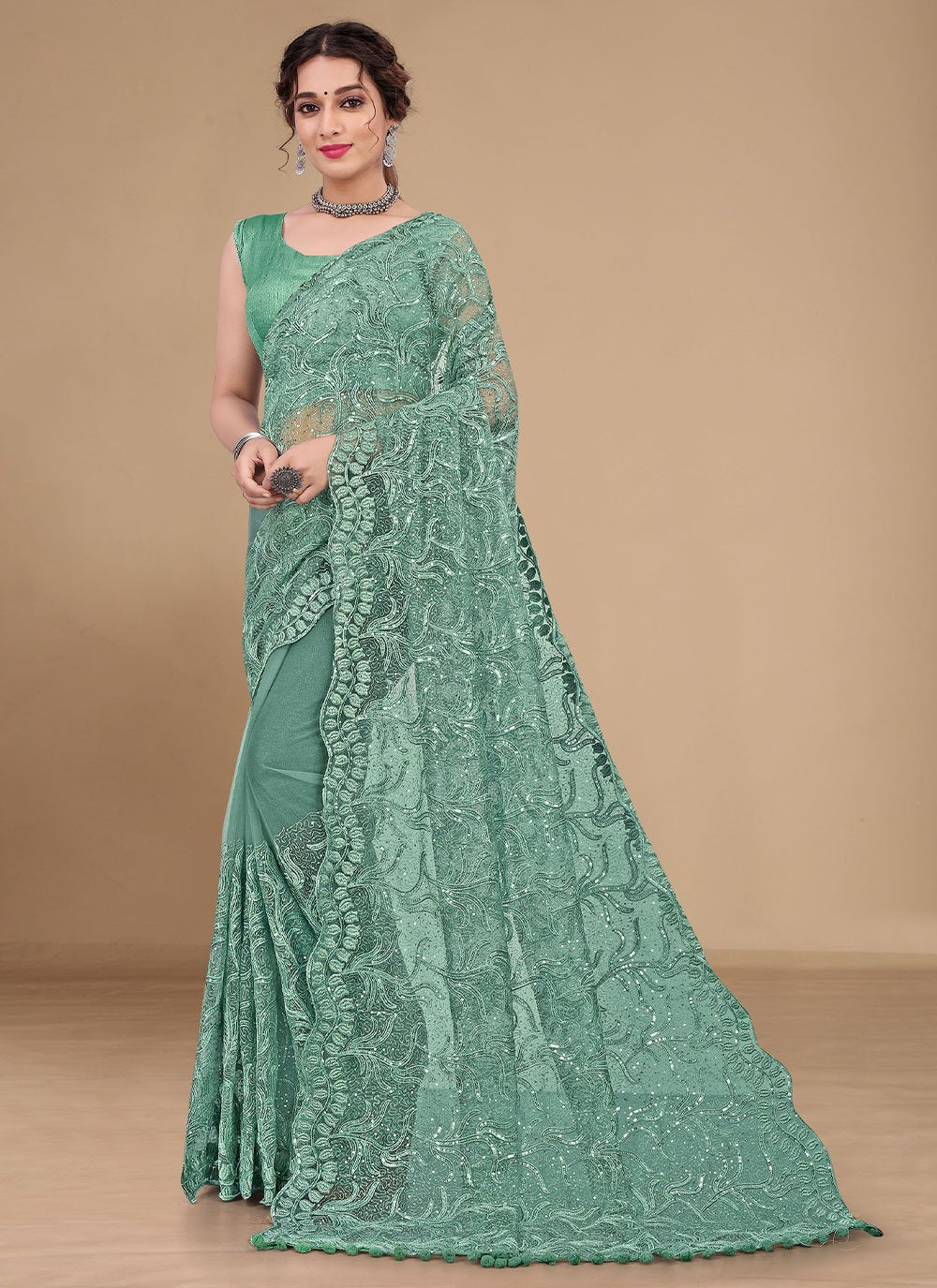 Classic Net Green Embroidered Saree