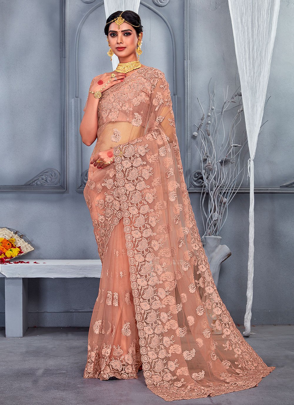 Classic Net Orange Embroidered Saree